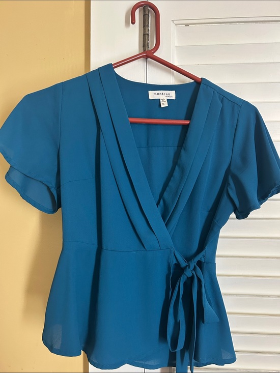 Monteau Tops - Monteau Teal Wrap Peplum Blouse